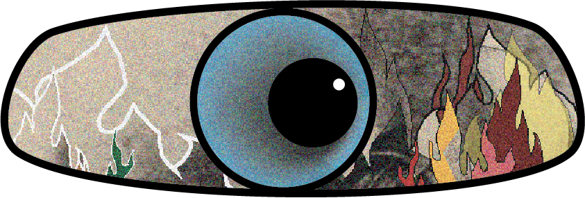 An outline of a rearview mirror with a blue eye in the middle. Eye looks to the right, off to flames (yellows, greys, reds). To the left of the eye are mountainy grey shapes.